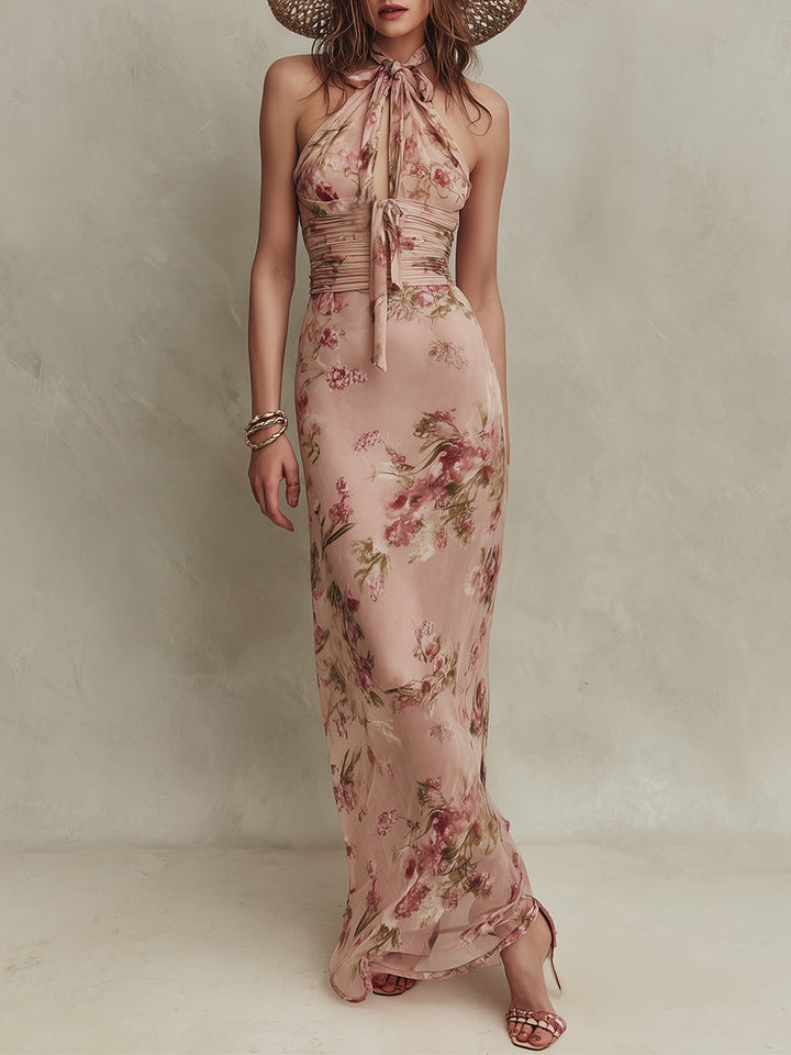 Lia | Elegant Floral Print Maxi Chiffon Dress with Waterfall Neckline