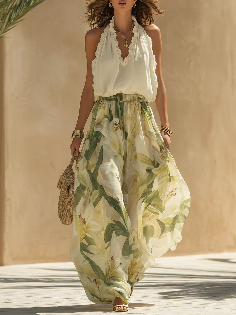 Alexandre | Chiffon Set with Ruffled Sleeveless Top and Lily Print Pants