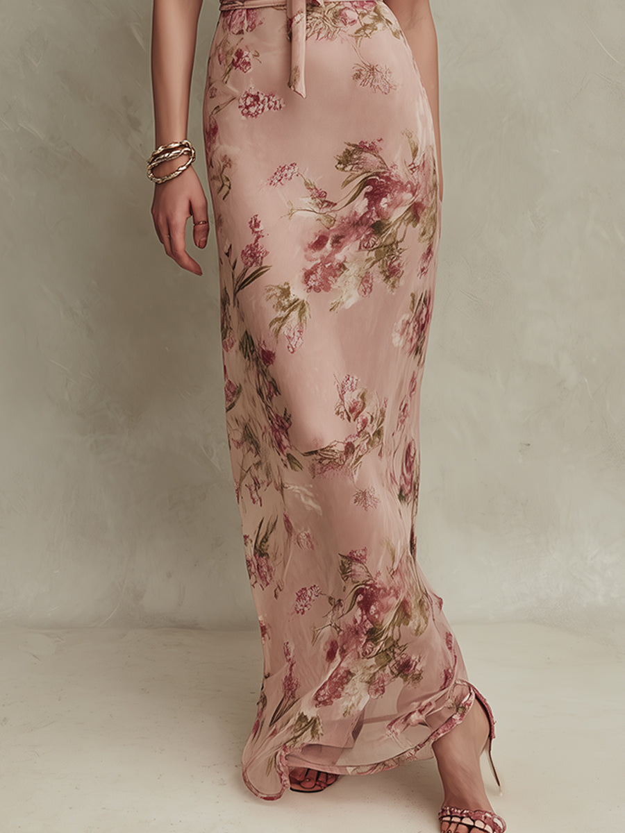 Lia | Elegant Floral Print Maxi Chiffon Dress with Waterfall Neckline