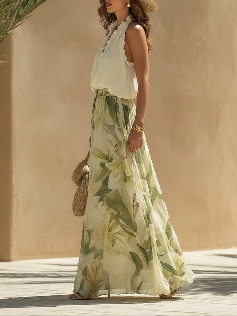 Alexandre | Chiffon Set with Ruffled Sleeveless Top and Lily Print Pants