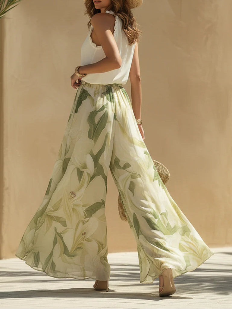 Alexandre | Chiffon Set with Ruffled Sleeveless Top and Lily Print Pants