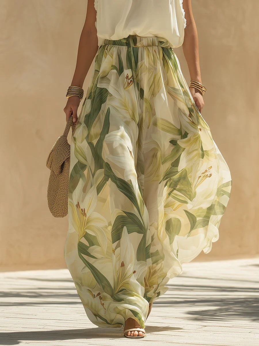 Alexandre | Chiffon Set with Ruffled Sleeveless Top and Lily Print Pants