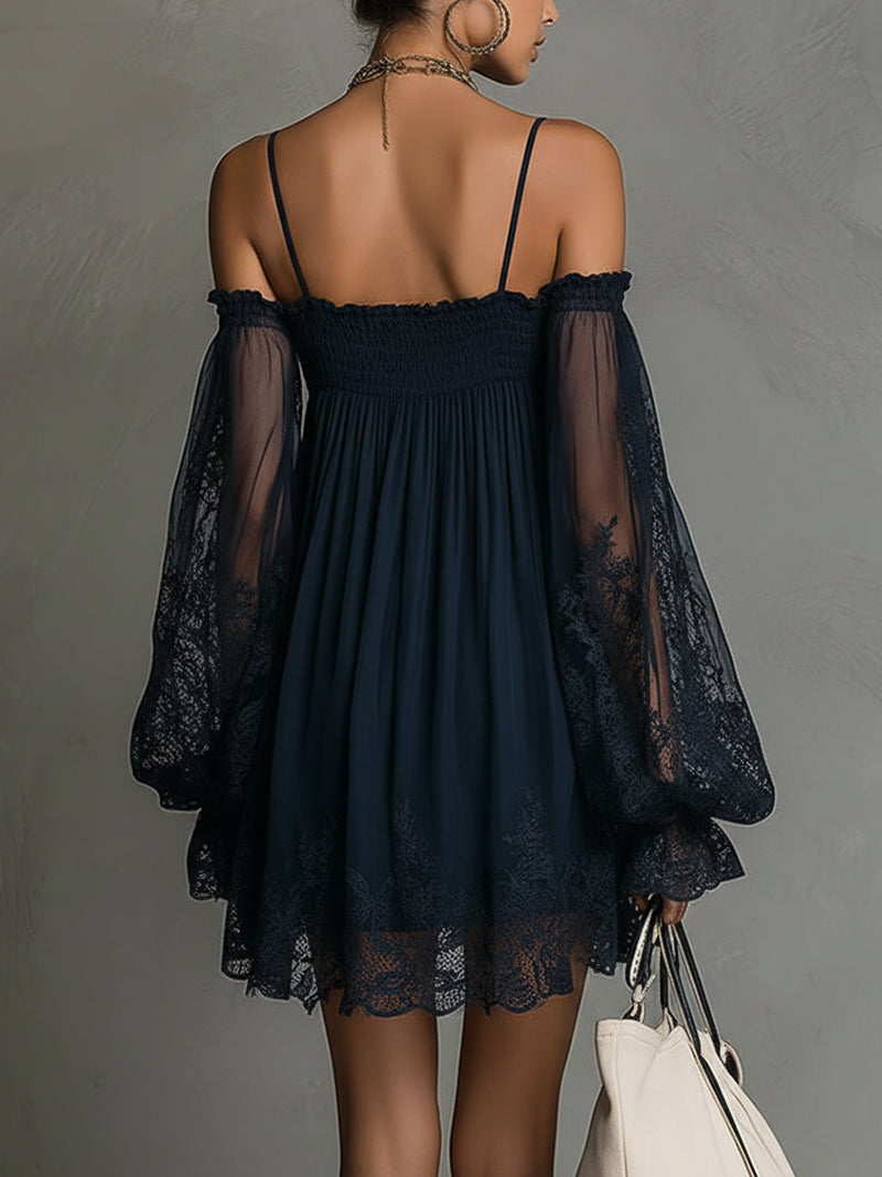 Noémie | Short Navy Blue Chiffon Dress with Off-the-Shoulder Design and Lace Finishes