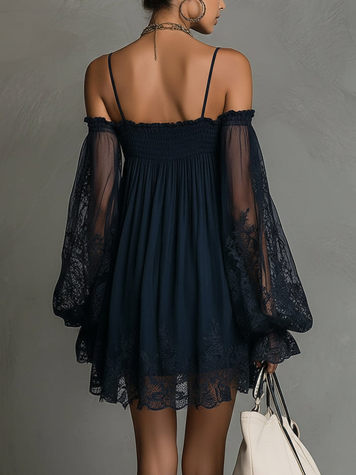 Noémie | Short Navy Blue Chiffon Dress with Off-the-Shoulder Design and Lace Finishes