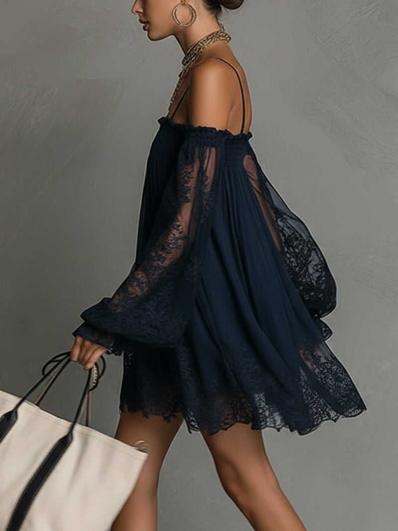 Noémie | Short Navy Blue Chiffon Dress with Off-the-Shoulder Design and Lace Finishes