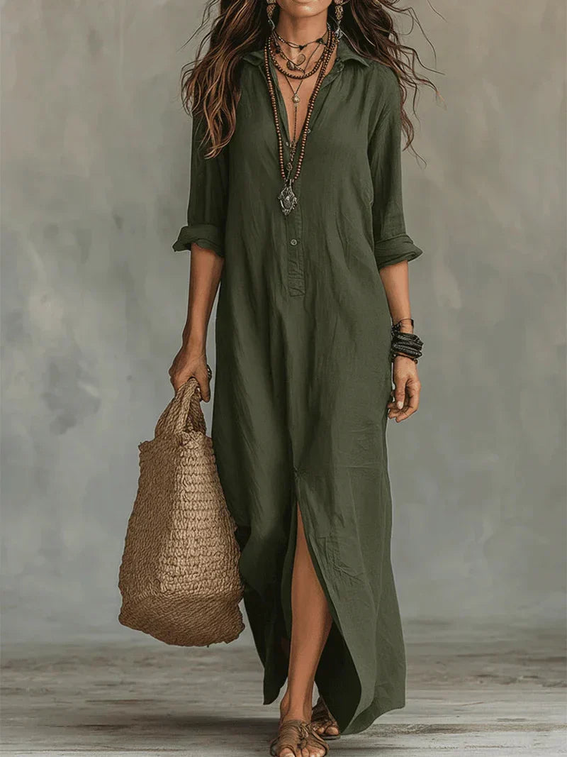 Céline™ | Black Loose Maxi Dress with Buttons