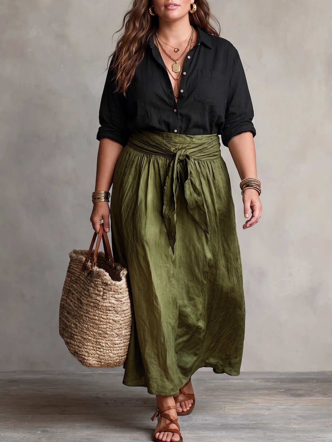 VERA™ - ELEGANT TWO-PIECE SUMMER SET: BLACK BLOUSE & OLIVE SKIRT