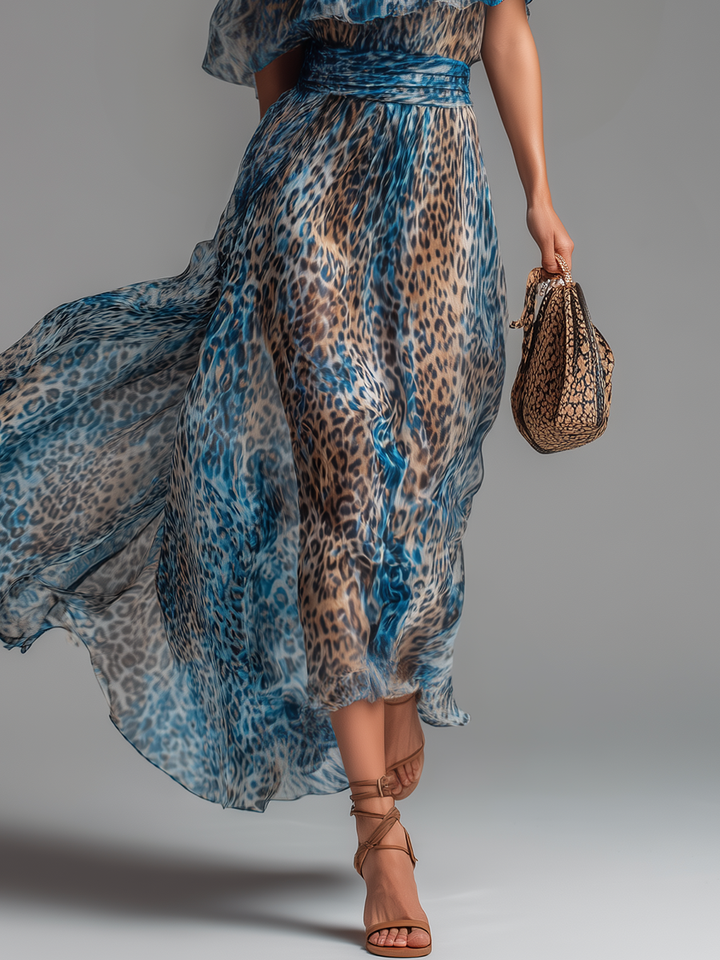 Sauvage | Long leopard print chiffon dress with off-the-shoulder design