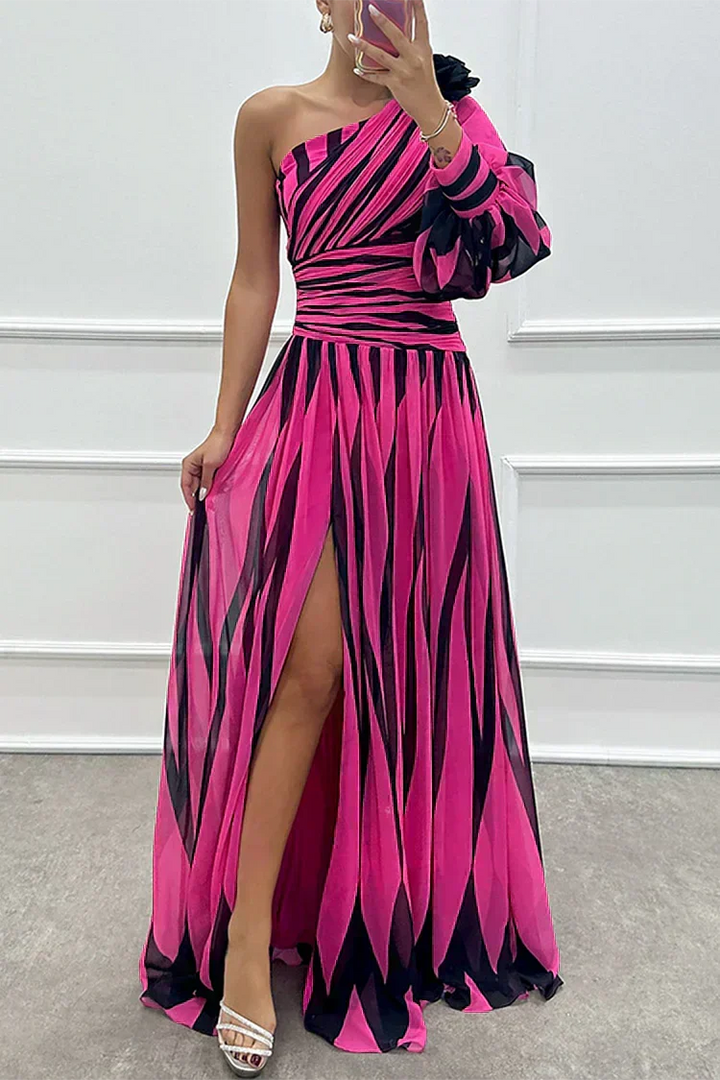 Violet & Grace™ |Elegant Striped Maxi Dress with One Shoulder