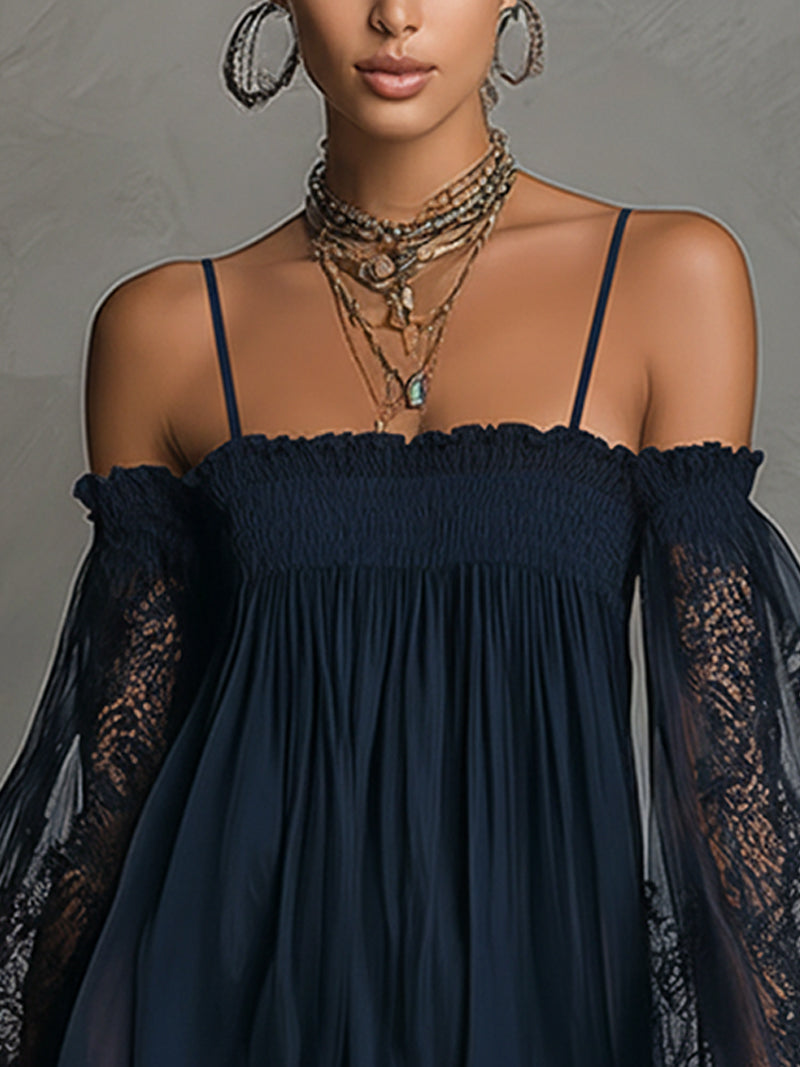Noémie | Short Navy Blue Chiffon Dress with Off-the-Shoulder Design and Lace Finishes