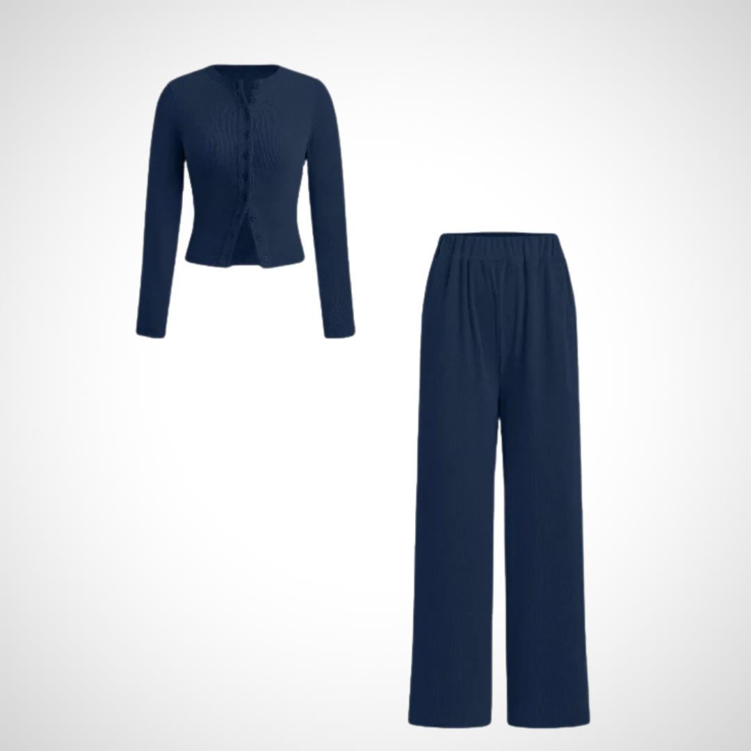 COLY™ - Comfy Button Front Long Sleeve Top and Pants Set