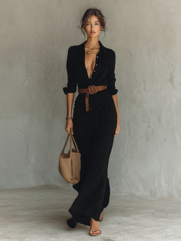 ROSE™ - LINEN NOTCH COLLAR SUMMER MAXI DRESS