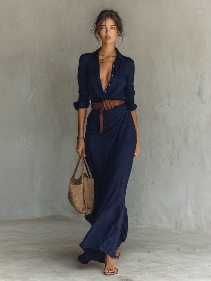ROSE™ - LINEN NOTCH COLLAR SUMMER MAXI DRESS