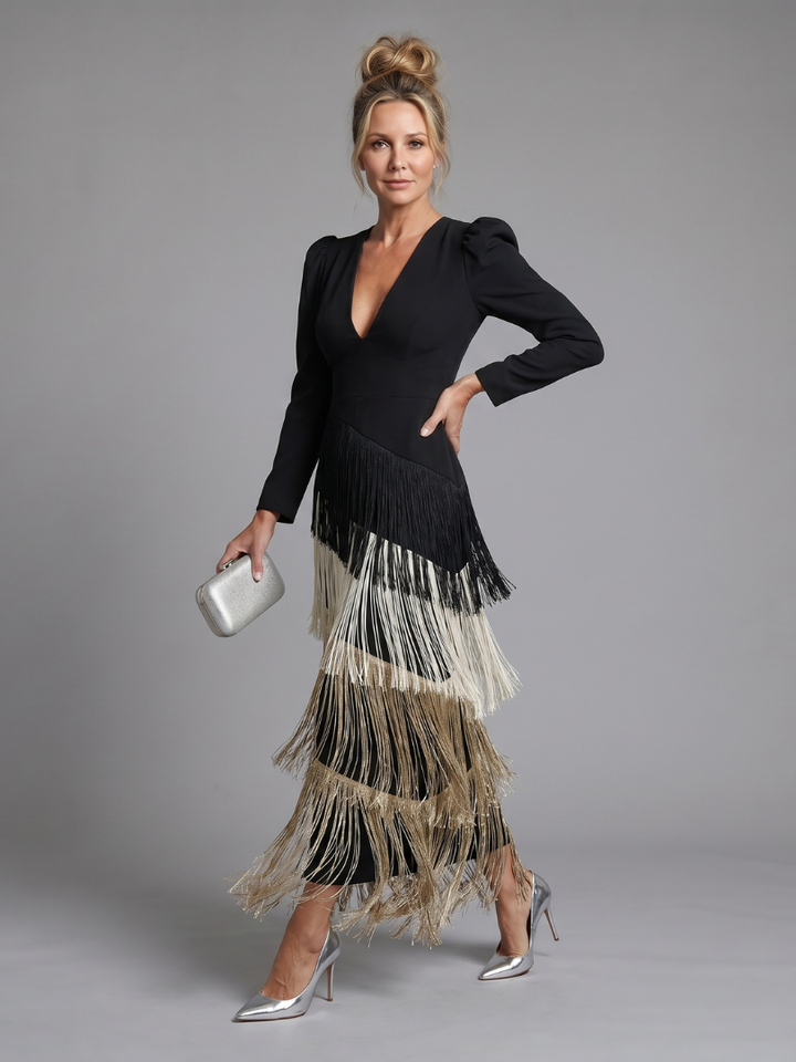 Samara | Long Sleeve Soft Fringe Skirt Midi Dress