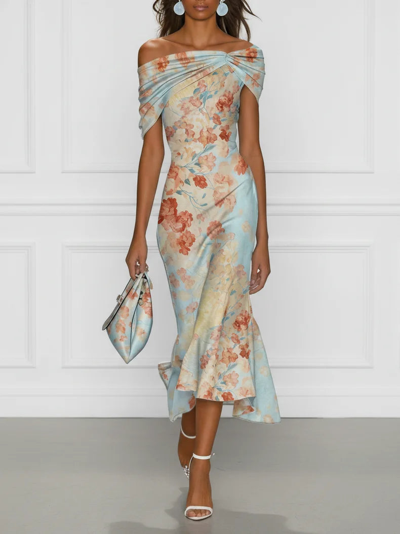 Victory | Midi Mermaid Dress with Off-the-Shoulder and Blue Floral Print