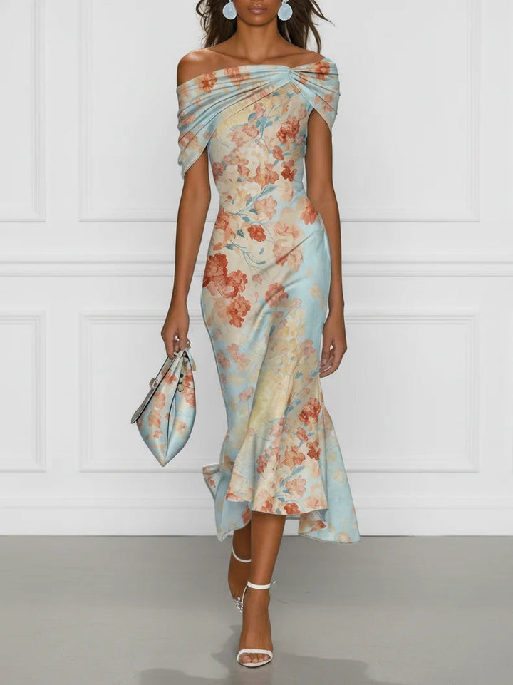 Victory | Midi Mermaid Dress with Off-the-Shoulder and Blue Floral Print