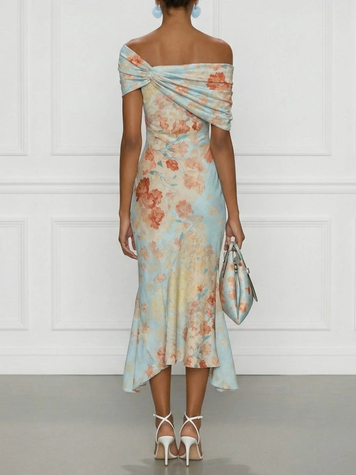 Victory | Midi Mermaid Dress with Off-the-Shoulder and Blue Floral Print