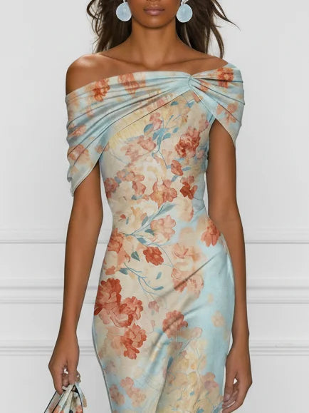 Victory | Midi Mermaid Dress with Off-the-Shoulder and Blue Floral Print
