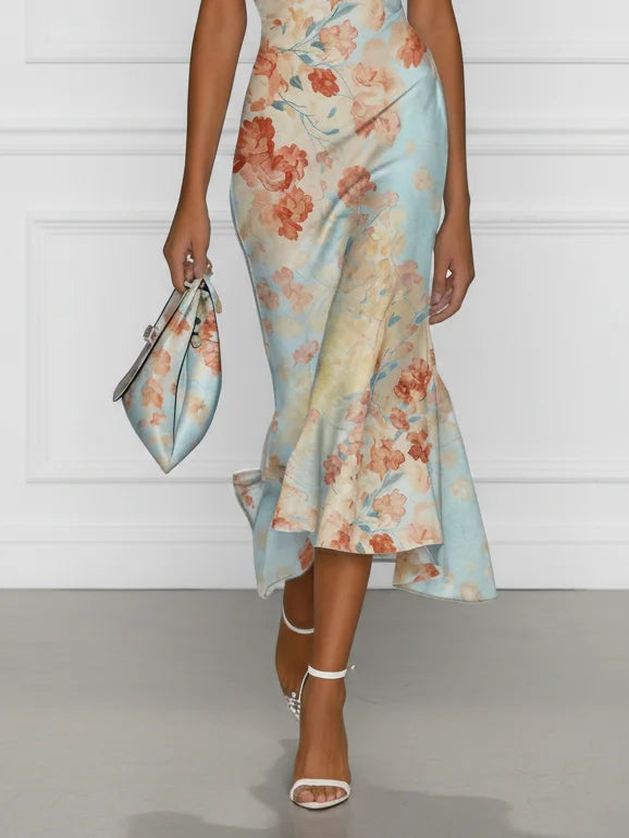 Victory | Midi Mermaid Dress with Off-the-Shoulder and Blue Floral Print