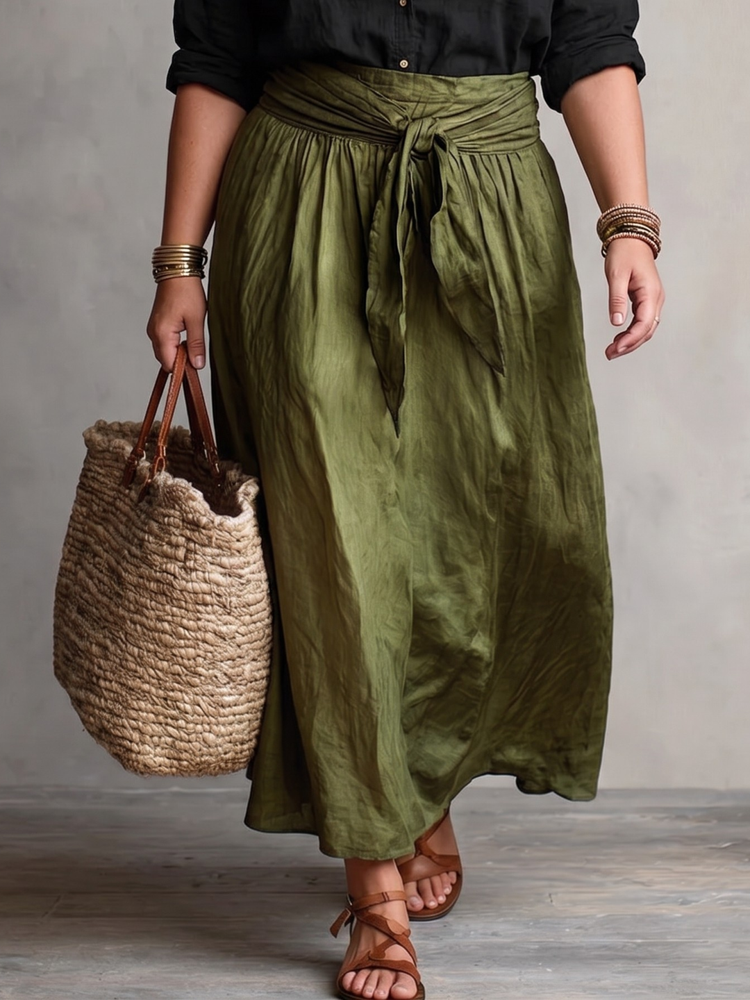 VERA™ - ELEGANT TWO-PIECE SUMMER SET: BLACK BLOUSE & OLIVE SKIRT