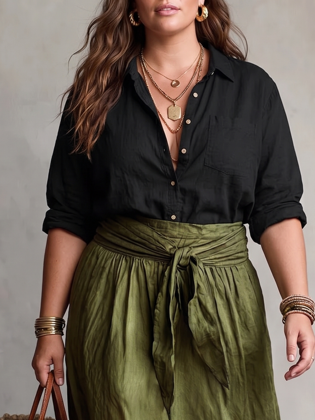 VERA™ - ELEGANT TWO-PIECE SUMMER SET: BLACK BLOUSE & OLIVE SKIRT