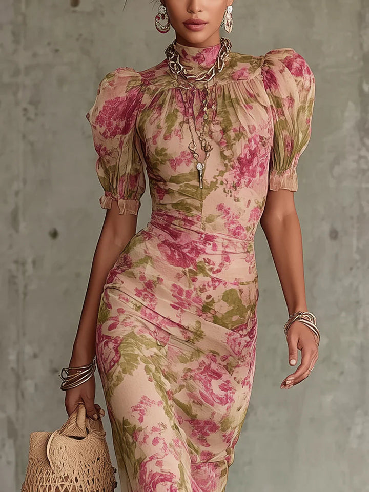 Florette | Romantic maxi dress with vintage rose print and puff sleeves