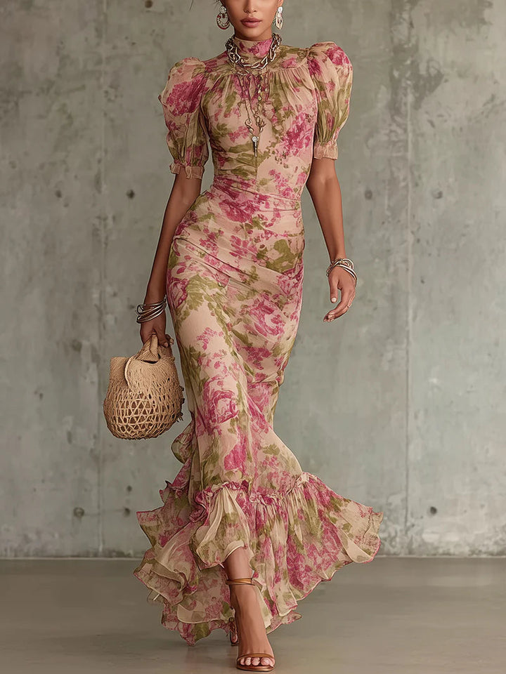 Florette | Romantic maxi dress with vintage rose print and puff sleeves