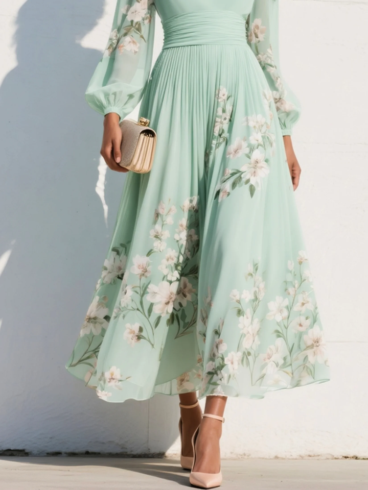 Susane | Mint Green Floral Print Pleated Maxi Dress for Women