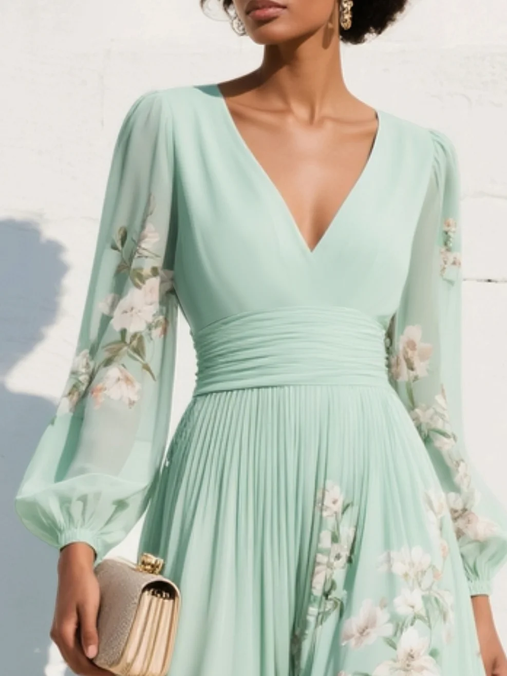 Susane | Mint Green Floral Print Pleated Maxi Dress for Women