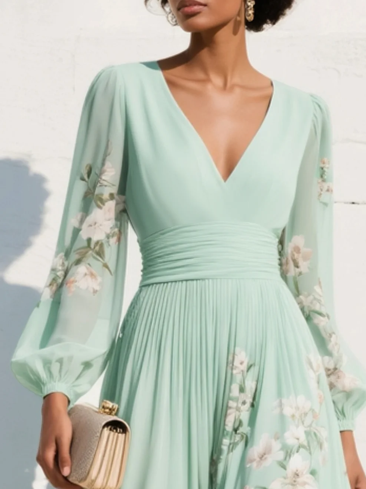Susane | Mint Green Floral Print Pleated Maxi Dress for Women