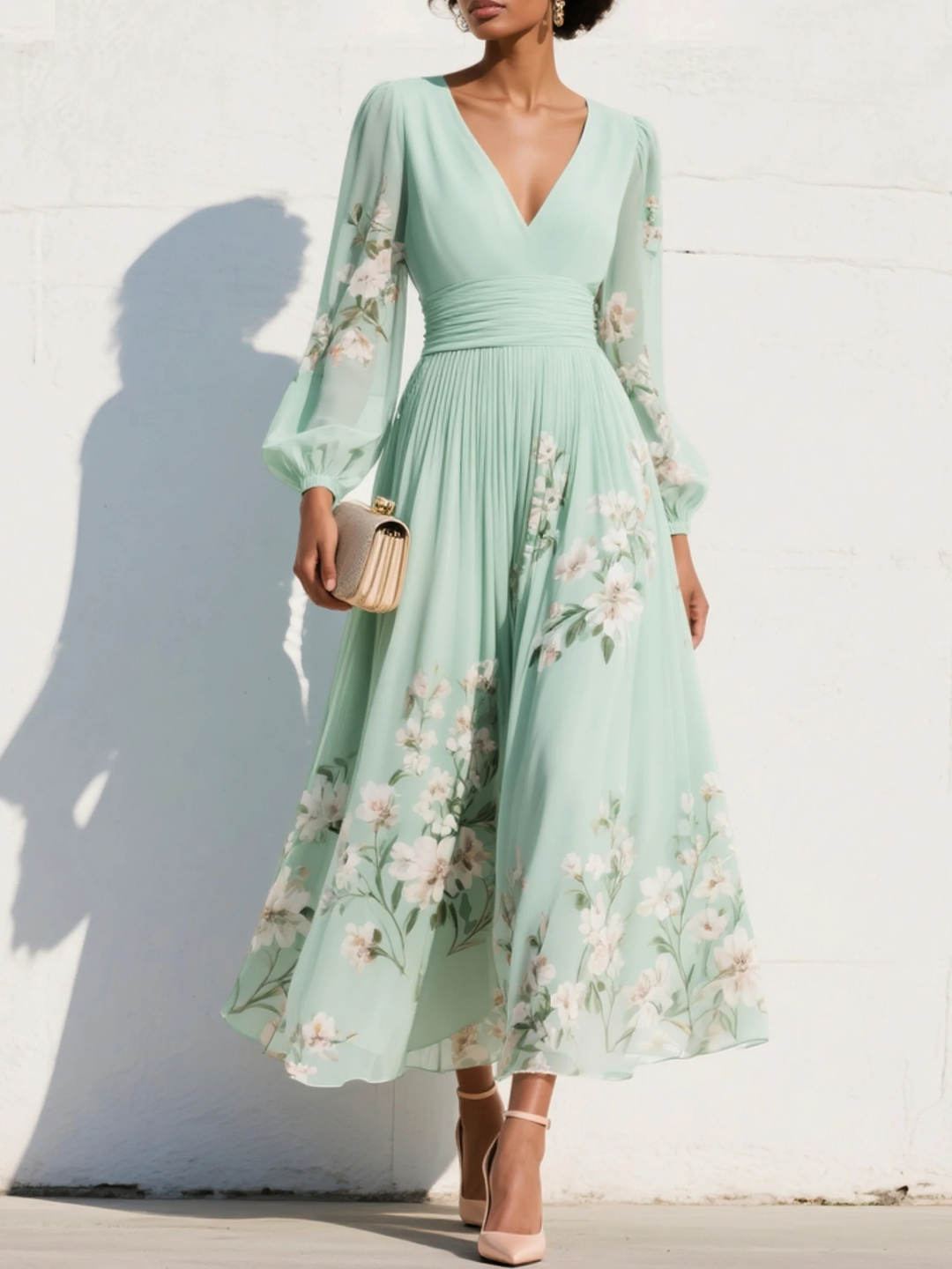 Susane | Mint Green Floral Print Pleated Maxi Dress for Women