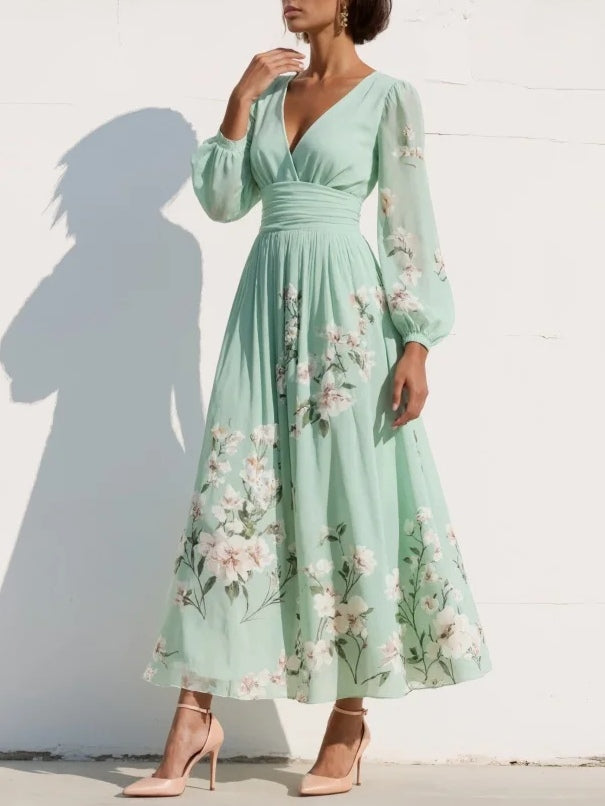 Susane | Mint Green Floral Print Pleated Maxi Dress for Women