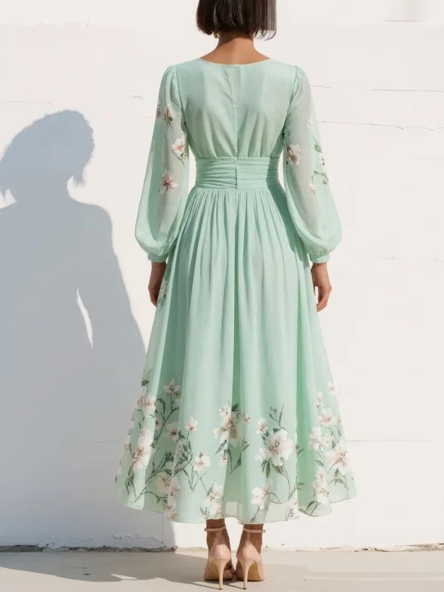 Susane | Mint Green Floral Print Pleated Maxi Dress for Women