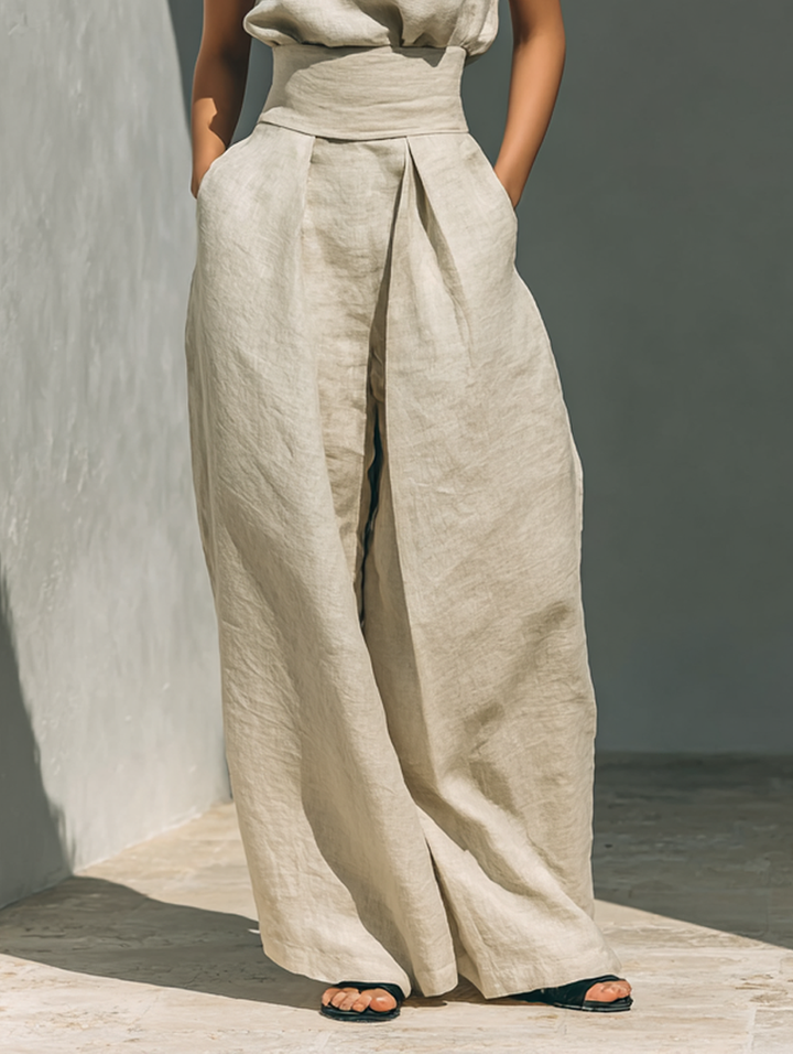 Aurora | Two-Piece Beige Linen Set with Sleeveless Top and Wide-Leg Pants