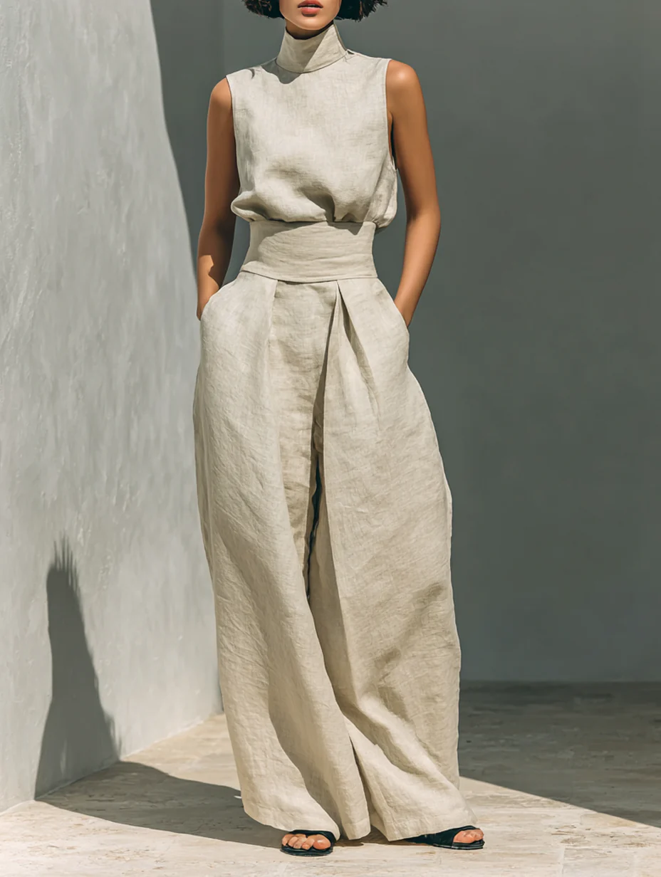 Aurora | Two-Piece Beige Linen Set with Sleeveless Top and Wide-Leg Pants