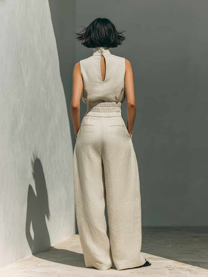 Aurora | Two-Piece Beige Linen Set with Sleeveless Top and Wide-Leg Pants