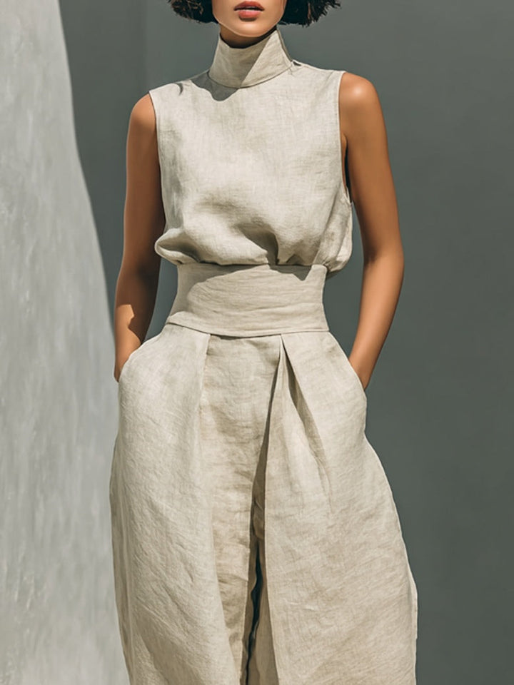 Aurora | Two-Piece Beige Linen Set with Sleeveless Top and Wide-Leg Pants