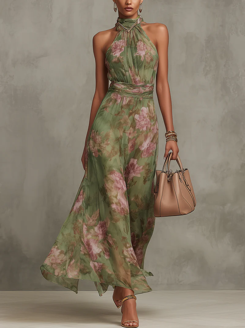 Serena | Floral Chiffon Maxi Dress with American Armhole