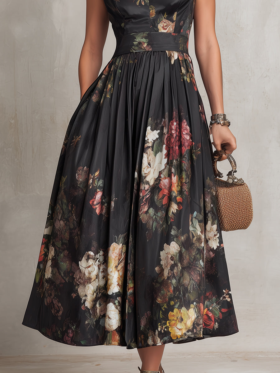 Violette | Black Pleated Satin Midi Dress with Floral Print and Keyhole Neckline