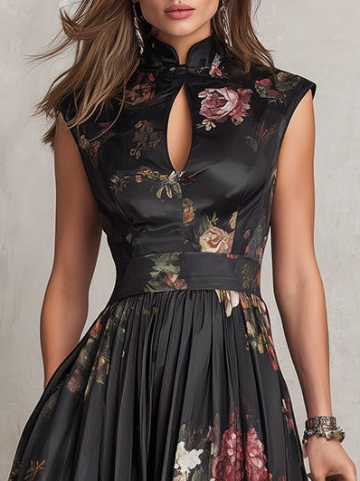 Violette | Black Pleated Satin Midi Dress with Floral Print and Keyhole Neckline