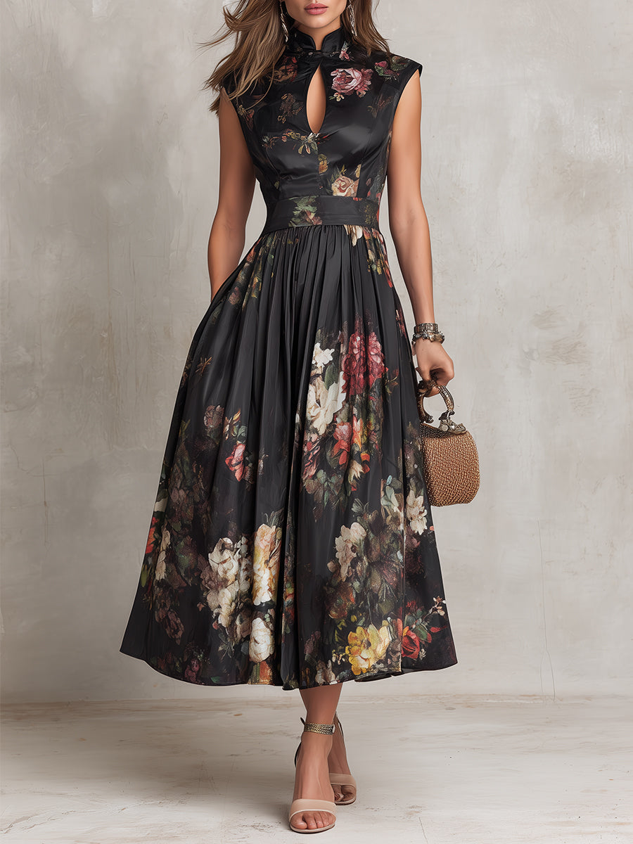 Violette | Black Pleated Satin Midi Dress with Floral Print and Keyhole Neckline