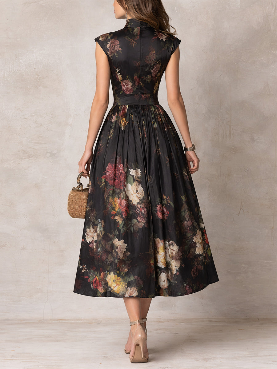 Violette | Black Pleated Satin Midi Dress with Floral Print and Keyhole Neckline