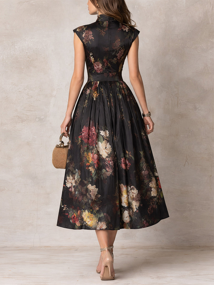 Violette | Black Pleated Satin Midi Dress with Floral Print and Keyhole Neckline