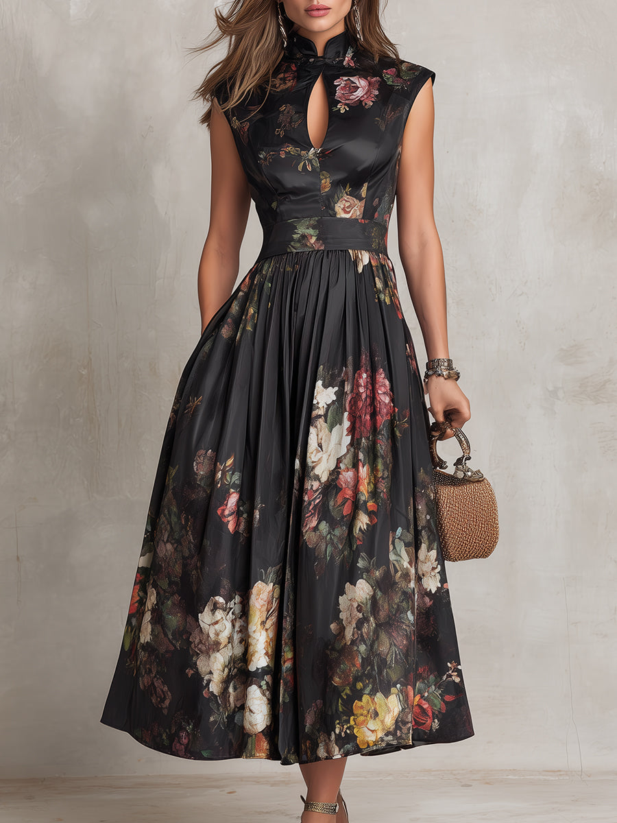 Violette | Black Pleated Satin Midi Dress with Floral Print and Keyhole Neckline