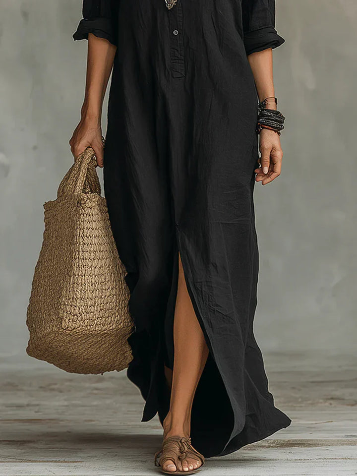 Céline™ | Black Loose Maxi Dress with Buttons