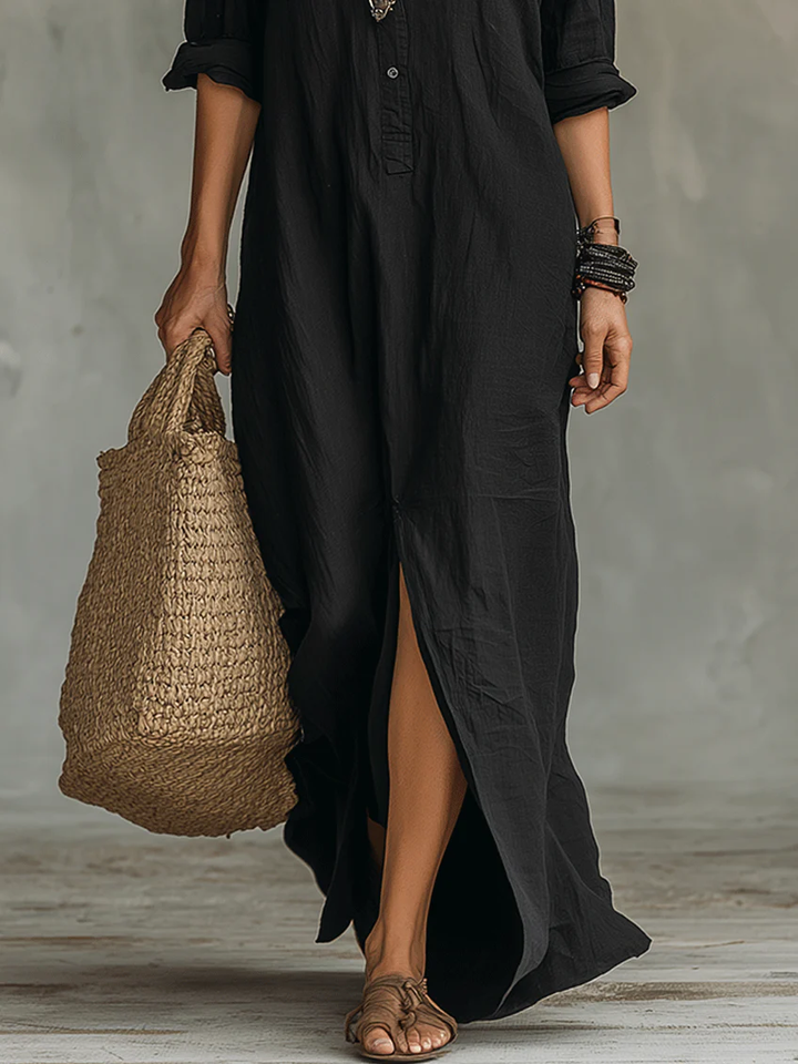 Veronica™ | Long Black Maxi Dress with Buttons