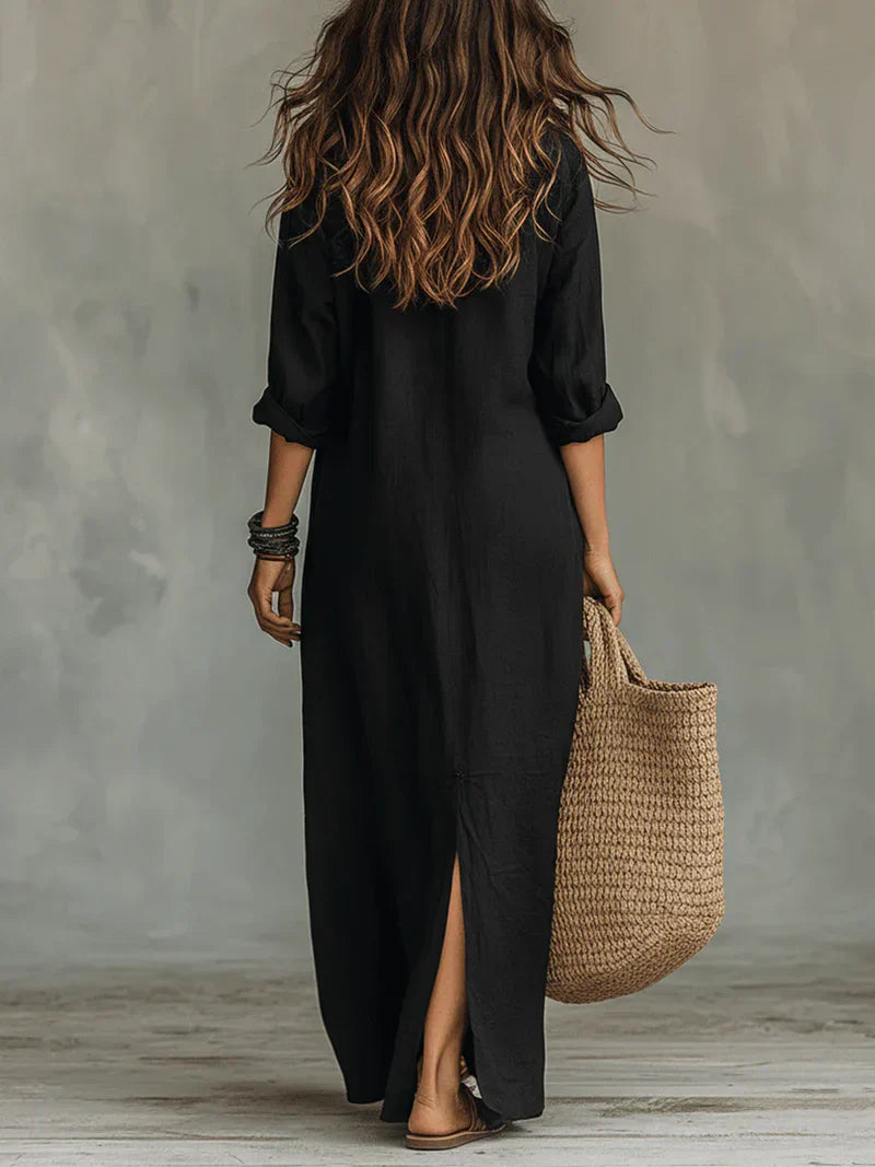Céline™ | Black Loose Maxi Dress with Buttons
