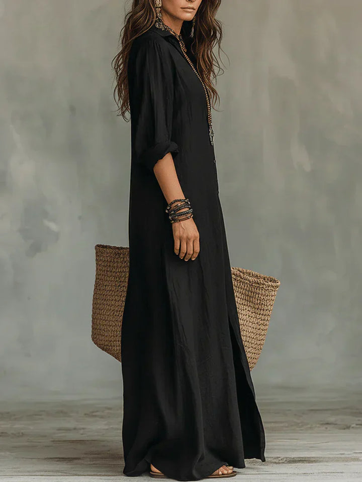 Céline™ | Black Loose Maxi Dress with Buttons