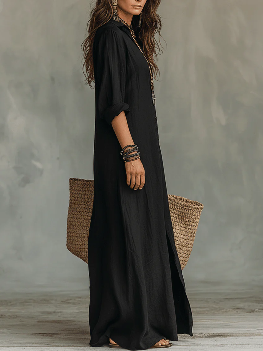 Veronica™ | Long Black Maxi Dress with Buttons