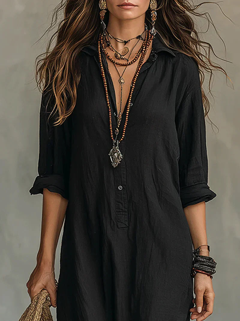Céline™ | Black Loose Maxi Dress with Buttons